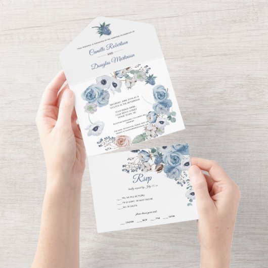 Mariage Fleurs Bleu Poussiéreux | Invitation Tout- (Déchirure)