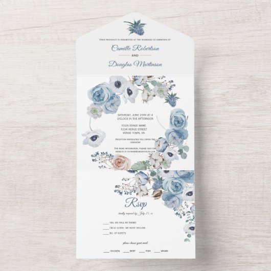 Mariage Fleurs Bleu Poussiéreux | Invitation Tout- (À l'intérieur)