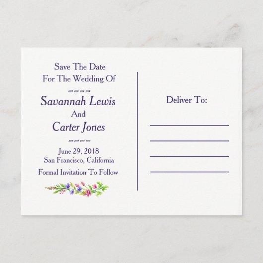 Mariage Fleurs Été Enregistrer La Date Carte Posta (Dos)