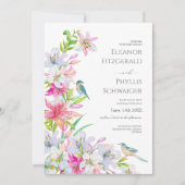 Mariage. Fleurs lis et oiseaux Invitation (Devant)