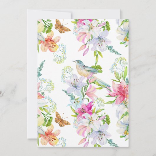 Mariage. Fleurs lis et oiseaux Invitation (Dos)