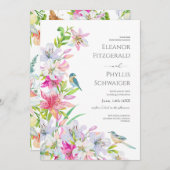 Mariage. Fleurs lis et oiseaux Invitation (Devant / Derrière)