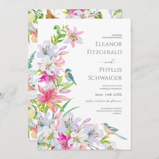 Mariage. Fleurs lis et oiseaux Invitation (Devant / Derrière)