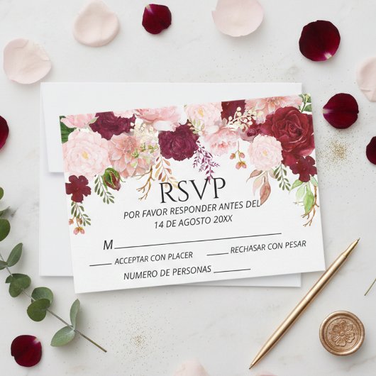 Mariage Fleurs Rose Pâle Burgundy Espagnol RSVP 