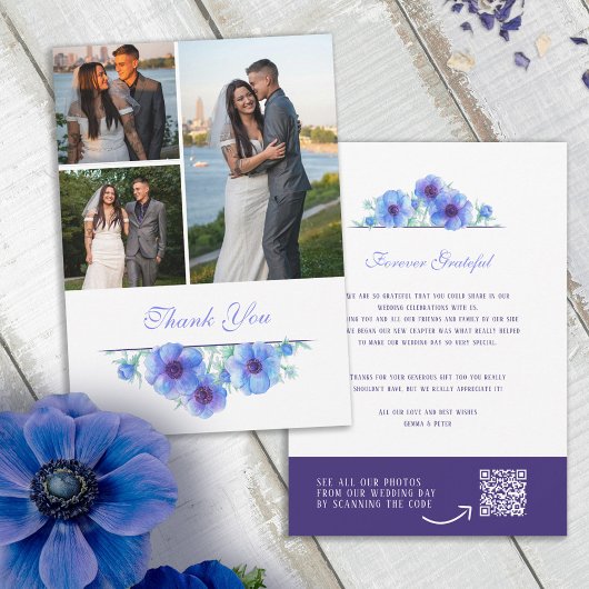 Mariage floral à anémone bleu merci QR photo