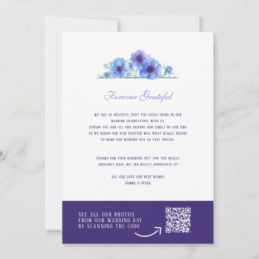 Mariage floral à anémone bleu merci QR photo (Dos)