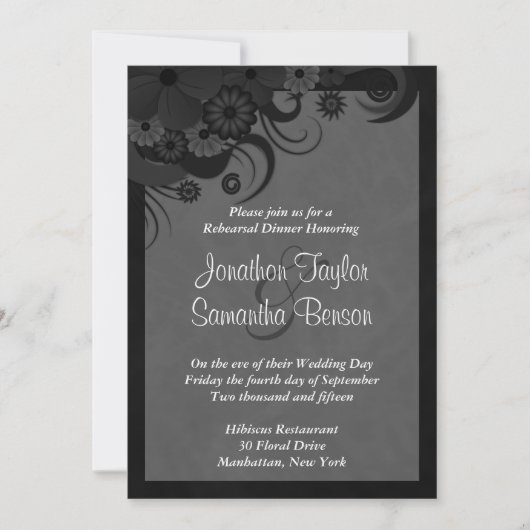 Mariage Floral Black Grey Dîner Invitations (Devant)