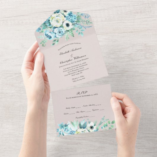 Mariage Floral Blanc Bleu Tout En Une Invitation (Déchirure)