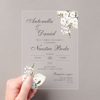 Mariage floral blanc invitation acrylique espagnol