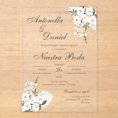Mariage floral blanc invitation acrylique espagnol (Recto)