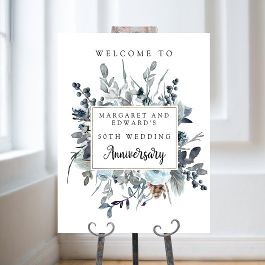 Mariage Floral bleu Affiche de bienvenue anniversa