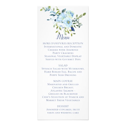 Mariage floral bleu clair et marine | Menu (Devant)