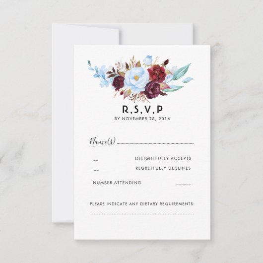 Mariage floral bleu et bordeaux Dusty RSVP (Devant)
