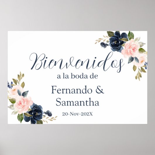 Mariage floral bleu marine Affiche de bienvenue es (Devant)