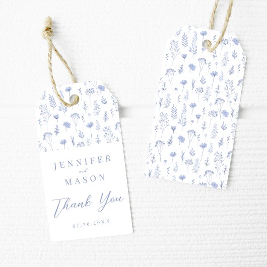 Mariage floral bleu merci cadeaux étiquettes