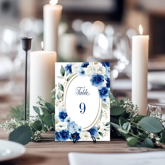 Mariage floral bleu ovale Numéro de table