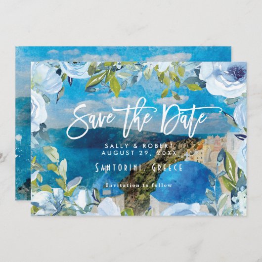 Mariage floral bleu Santorin enregistrer la carte  (Devant / Derrière)