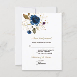 Mariage floral en or bleu blanc blanc RSVP