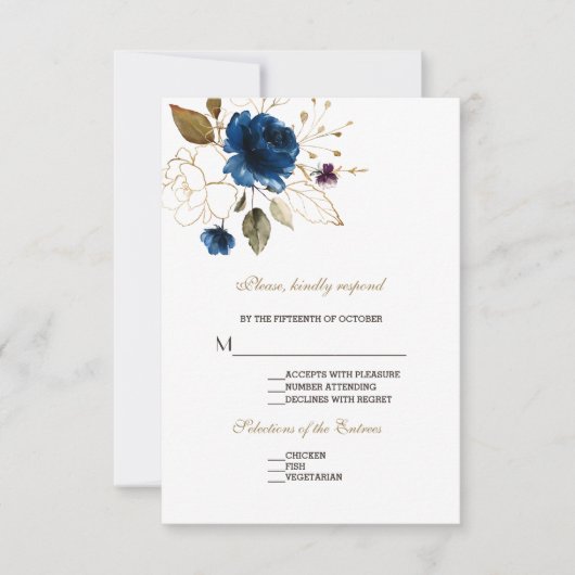 Mariage floral en or bleu blanc blanc RSVP (Devant)