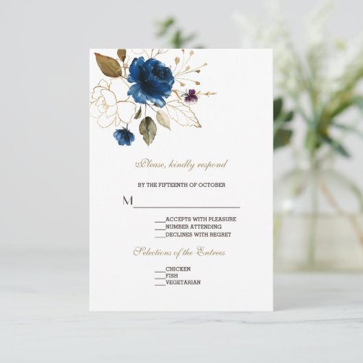 Mariage floral en or bleu blanc blanc RSVP (Debout devant)