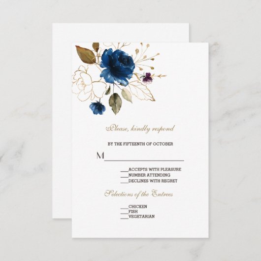Mariage floral en or bleu blanc blanc RSVP (Devant / Derrière)