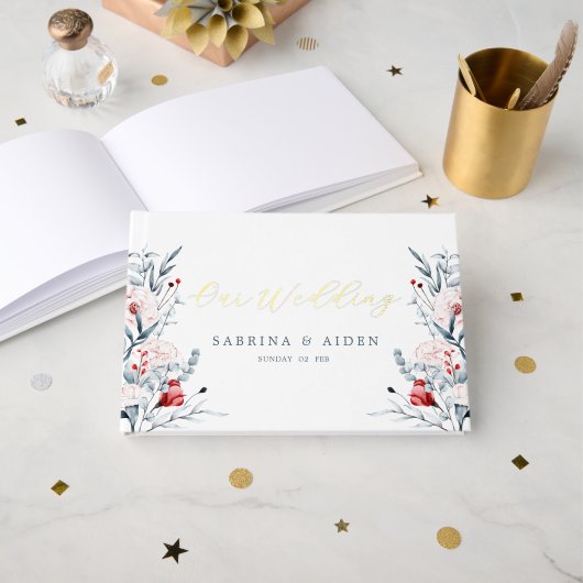 Mariage Floral Fleur Rouge Et Bleu (Recto ouvert)