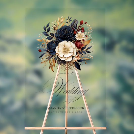 Mariage Floral Gold, Navy et Bourgogne Bienvenue (Neutre)