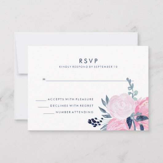 Mariage floral moderne rose et marine RSVP (Devant)