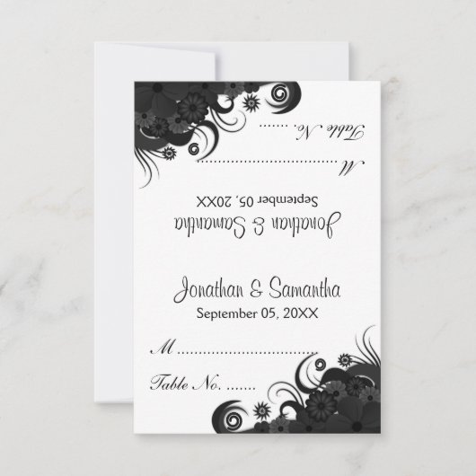 Mariage floral noir et blanc Table Place Cartes (Devant)