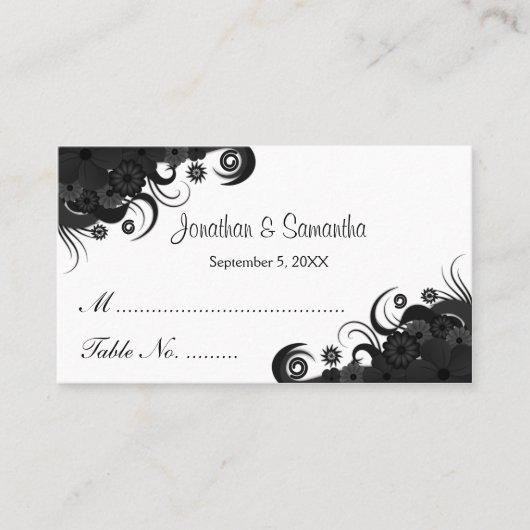 Mariage floral noir et blanc Table Place Cartes (Devant)