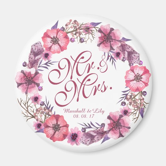 Mariage floral rose personnalisé | Magnet (Devant)