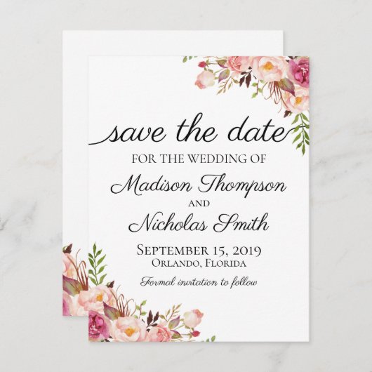 Mariage Floral Rose Rustique Enregistrer La Carte  (Devant / Derrière)