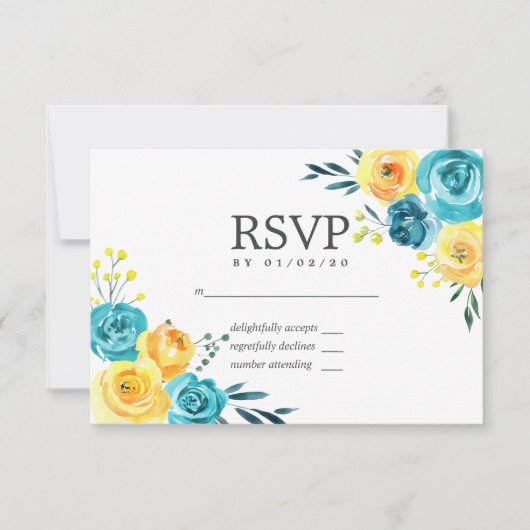 Mariage floral turquoise et jaune RSVP (Devant)