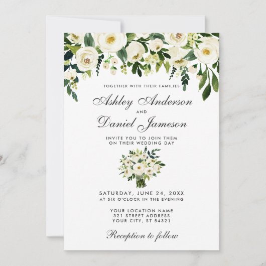 Mariage Floral Vert Aquarelle blanche Invitation (Devant)