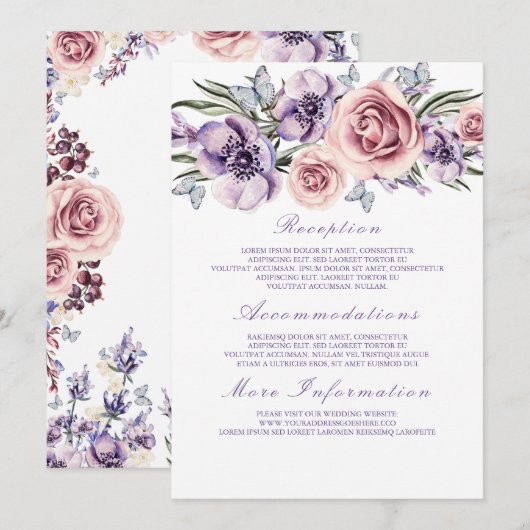 Mariage floral violet Informations Carte d'invité (Devant / Derrière)