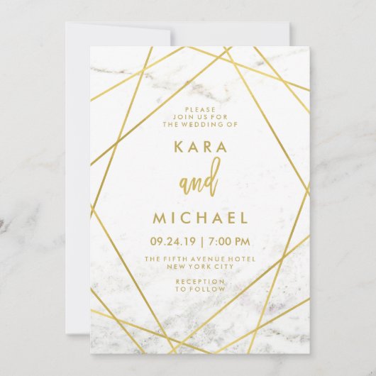 Mariage géométrique Marbre et Faux Gold Invitation (Devant)