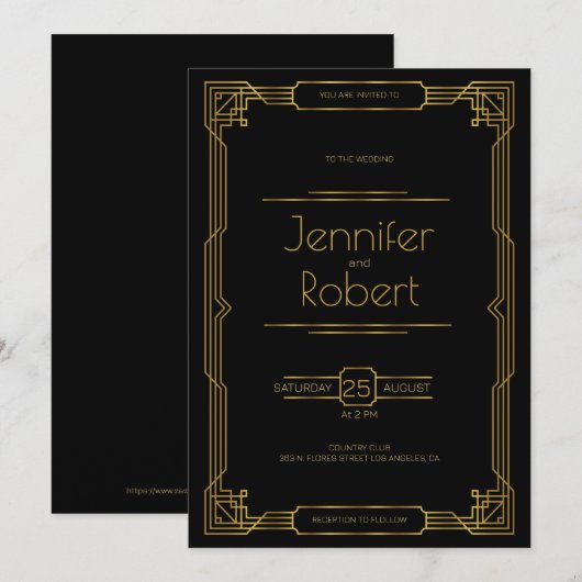 Mariage Gold Art Déco Invitation (Devant / Derrière)