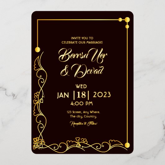 Mariage Gold et noir invitation feuille d'or (Recto)