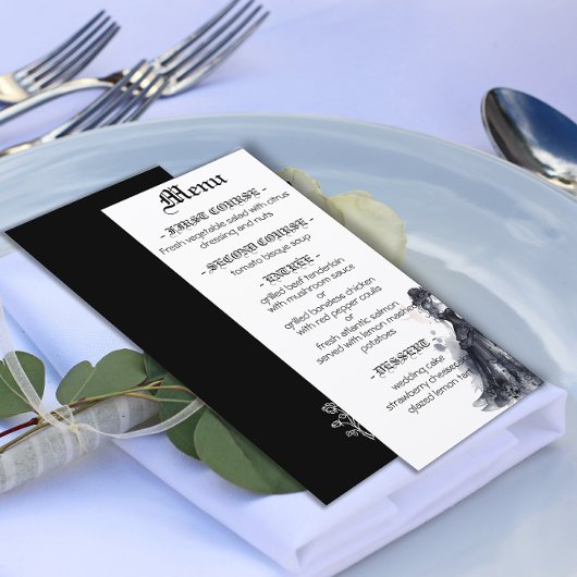 Mariage gothique noir robe aquarelle menu rose