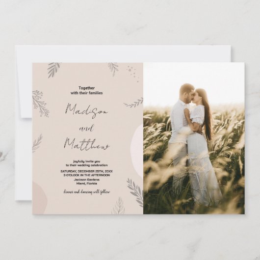 Mariage gris beige Invitations avec photo (Devant)
