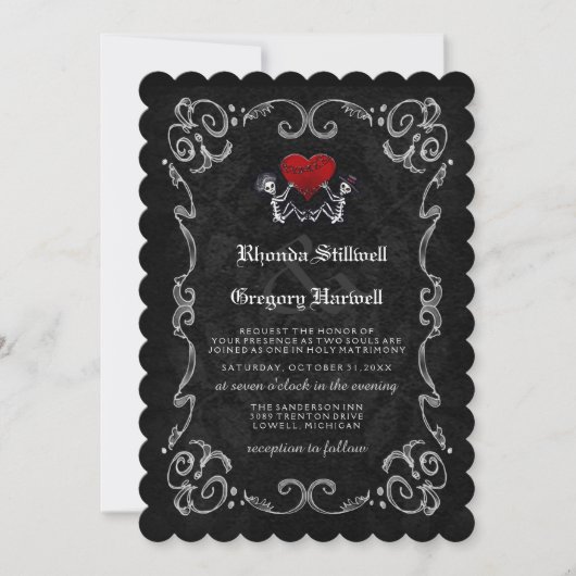 Mariage Halloween Skeletons & Heart Invitation (Devant)