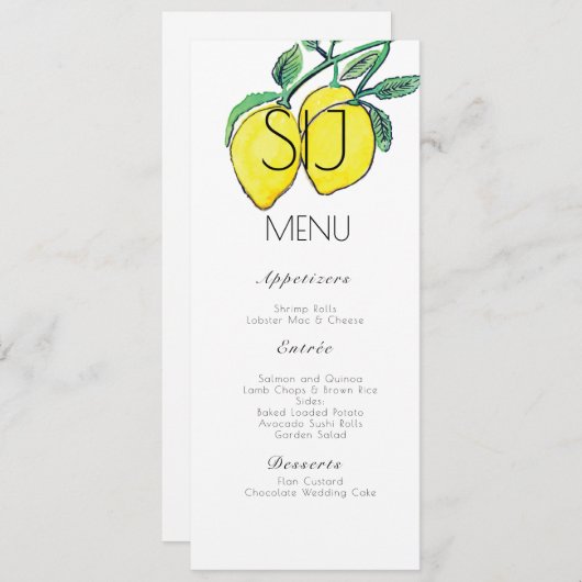 Mariage Hand Watercolor Lemon Bunch Diner Menu (Devant / Derrière)