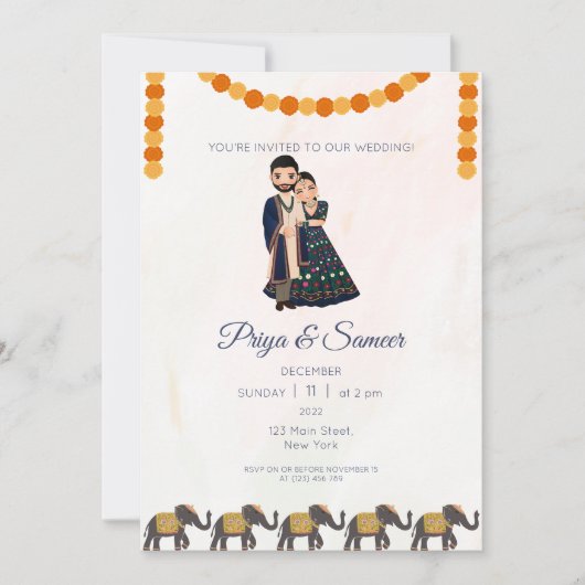 Mariage indien Couple Invitation Elephant (Devant)