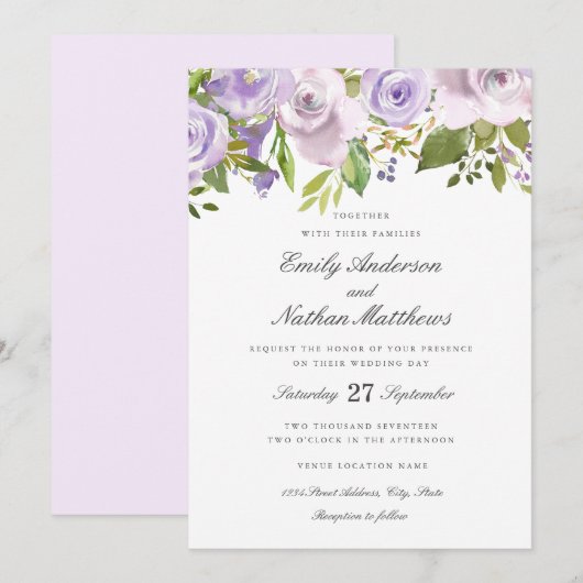 Mariage Lilac Purple Aquarelle Florale Invitation (Devant / Derrière)