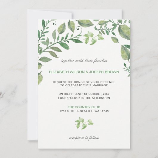 Mariage magnifique botanique vert invitations (Devant)