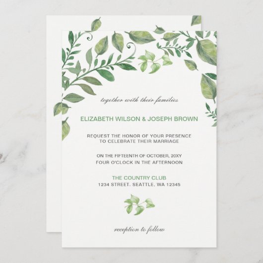 Mariage magnifique botanique vert invitations (Devant / Derrière)