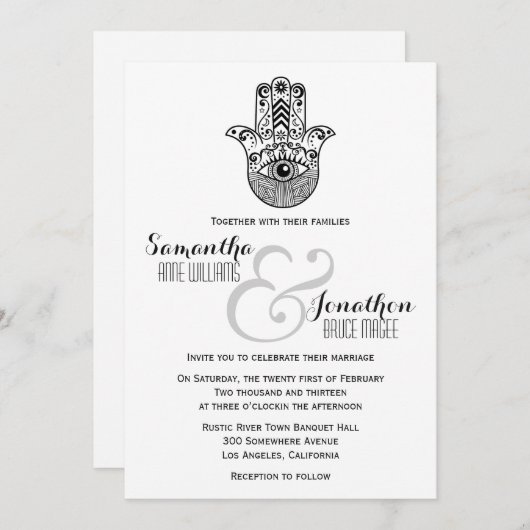 Mariage main Hamsa Invitation noir et blanc (Devant / Derrière)