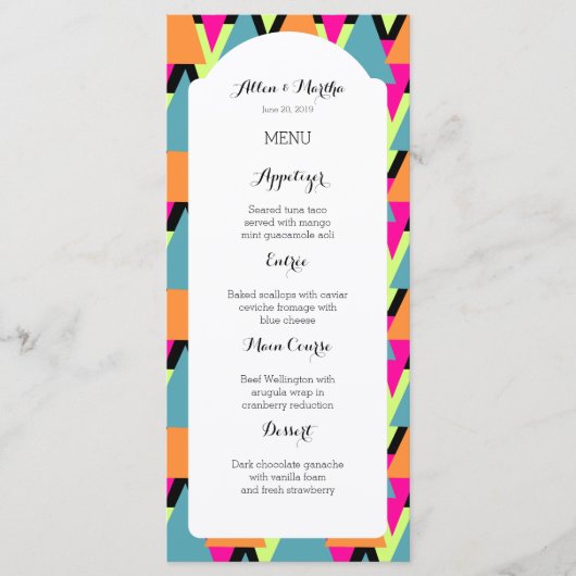 Mariage Menu 80's Style Motif géométrique (Devant)