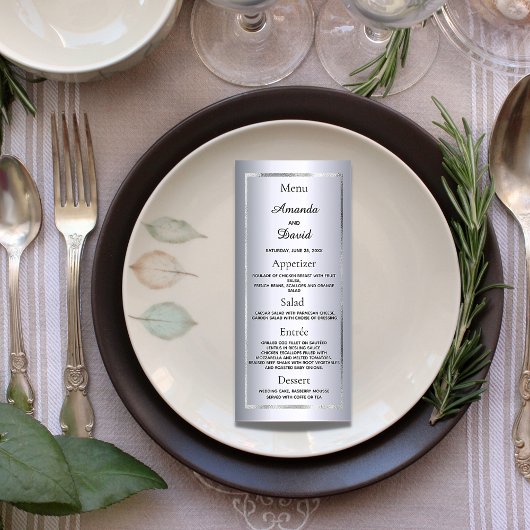 Mariage Menu argent élégant glam minimaliste