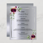 Mariage Menu argent floral bordeaux élégant (Devant / Derrière)